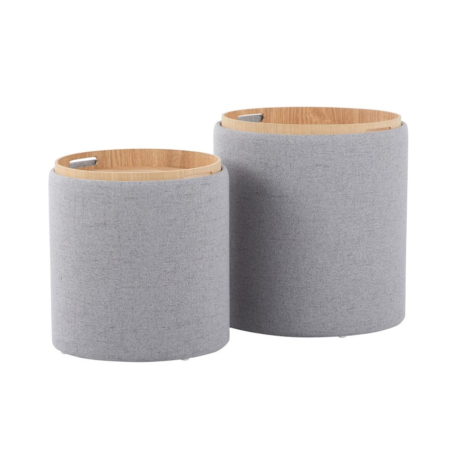 LumiSource Tray Nesting Ottoman Set | Grey Fabric & Natural Wood | Living Room & Bedroom Seating & Storage | 17.5in H | Model OT-TRAYNESTGYNA