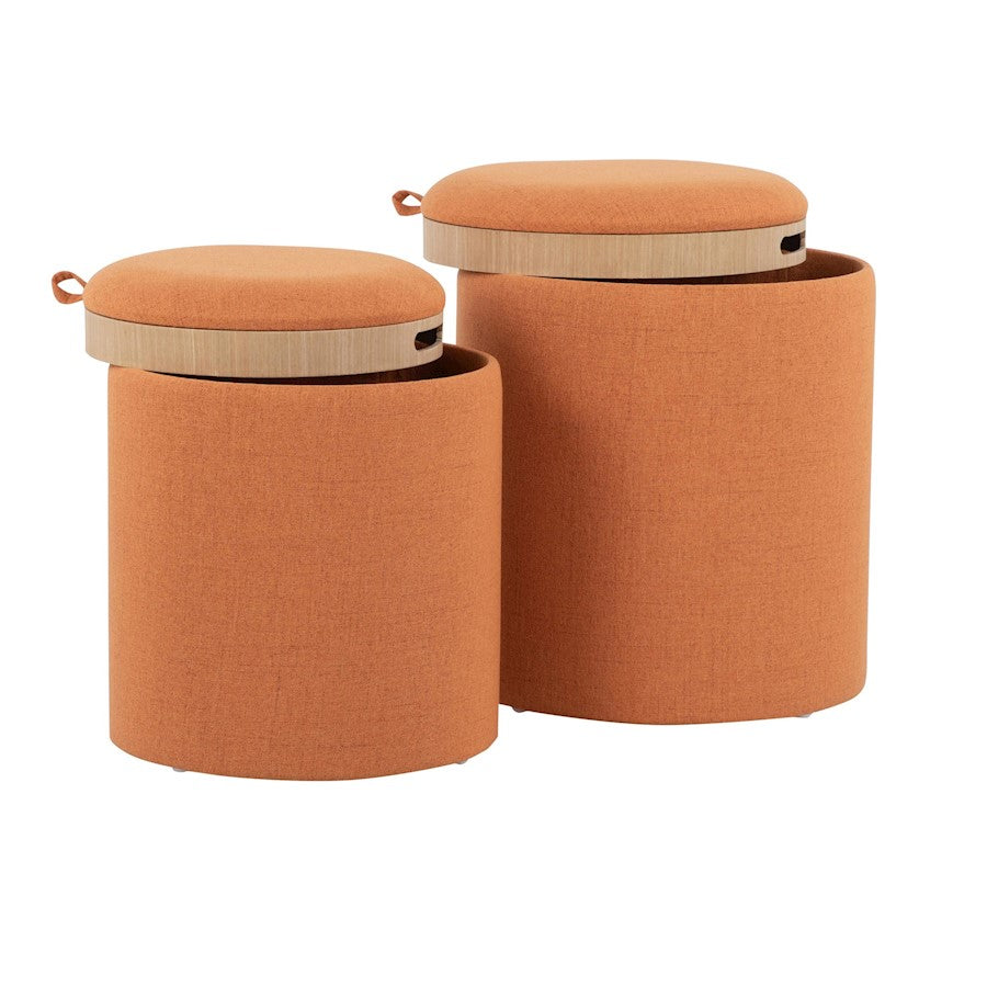 LumiSource Tray Nesting Ottoman Set | Orange Fabric and Natural Wood | Living Room & Extra Seating | 15.5 x 15.5 x 17.5 in | Model OT-TRAYNESTONA