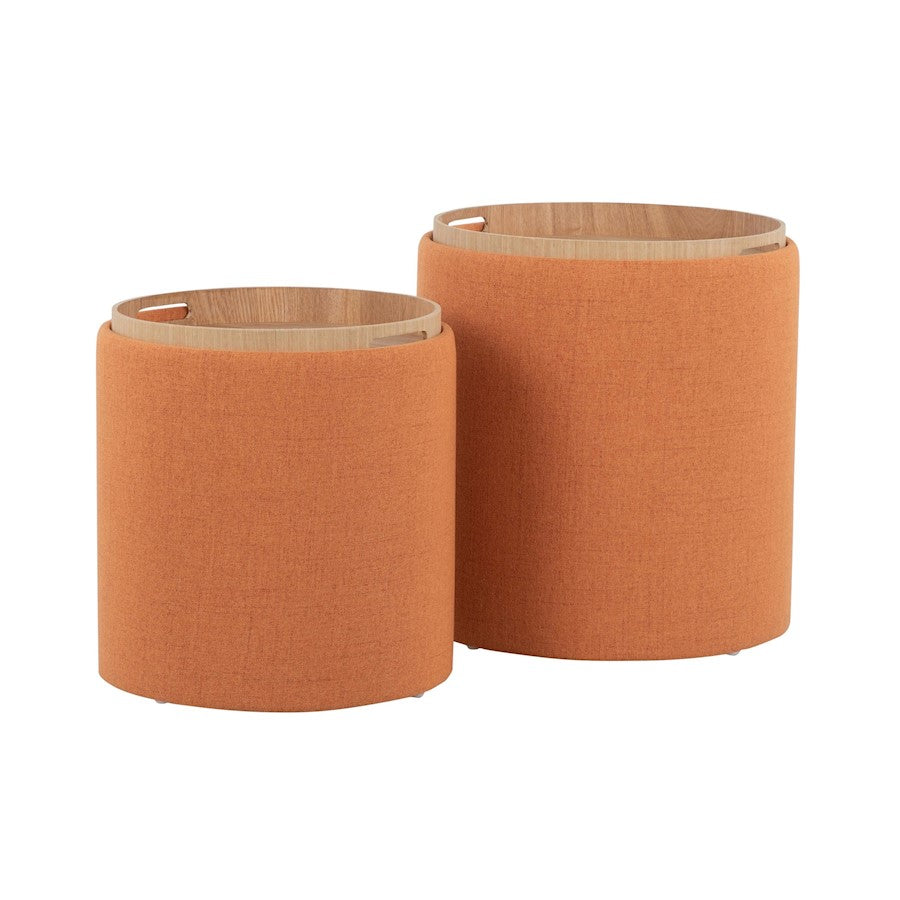 LumiSource Tray Nesting Ottoman Set | Orange Fabric and Natural Wood | Living Room & Extra Seating | 15.5 x 15.5 x 17.5 in | Model OT-TRAYNESTONA