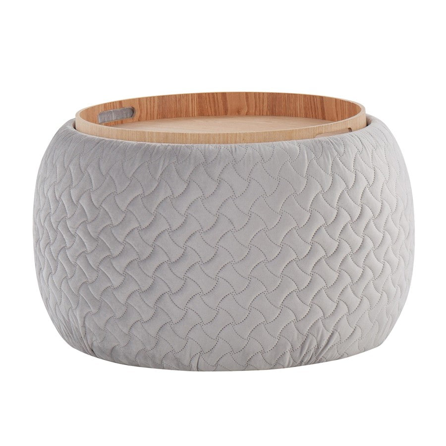 LumiSource Tray Pouf Ottoman | Silver Velvet and Natural Wood | Living Room & Extra Seating | 21.5 x 21.5 x 13.75 in | Model OT-TRAYPOUFNAVSV