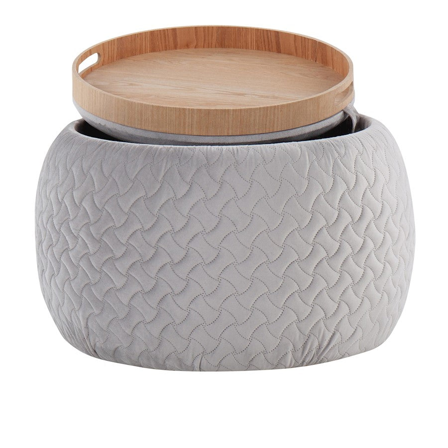 LumiSource Tray Pouf Ottoman | Silver Velvet and Natural Wood | Living Room & Extra Seating | 21.5 x 21.5 x 13.75 in | Model OT-TRAYPOUFNAVSV