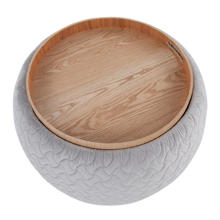 LumiSource Tray Pouf Ottoman | Silver Velvet and Natural Wood | Living Room & Extra Seating | 21.5 x 21.5 x 13.75 in | Model OT-TRAYPOUFNAVSV