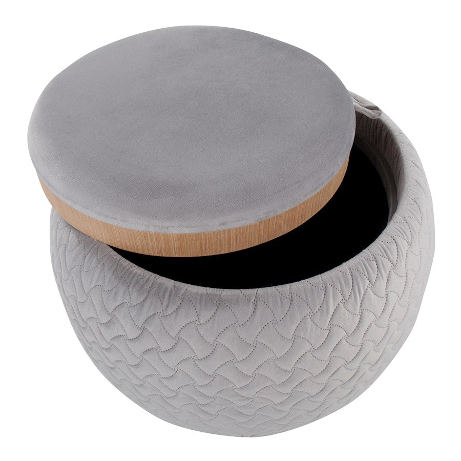 LumiSource Tray Pouf Ottoman | Silver Velvet and Natural Wood | Living Room & Extra Seating | 21.5 x 21.5 x 13.75 in | Model OT-TRAYPOUFNAVSV