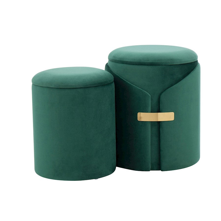 LumiSource Dahlia Ottoman Set 14in Gold Metal | Green Velvet Cushion | Living Room & Bedroom Accent Seating | 14 x 14 x 18 in | Model OT2-DAHLIAAUVGN