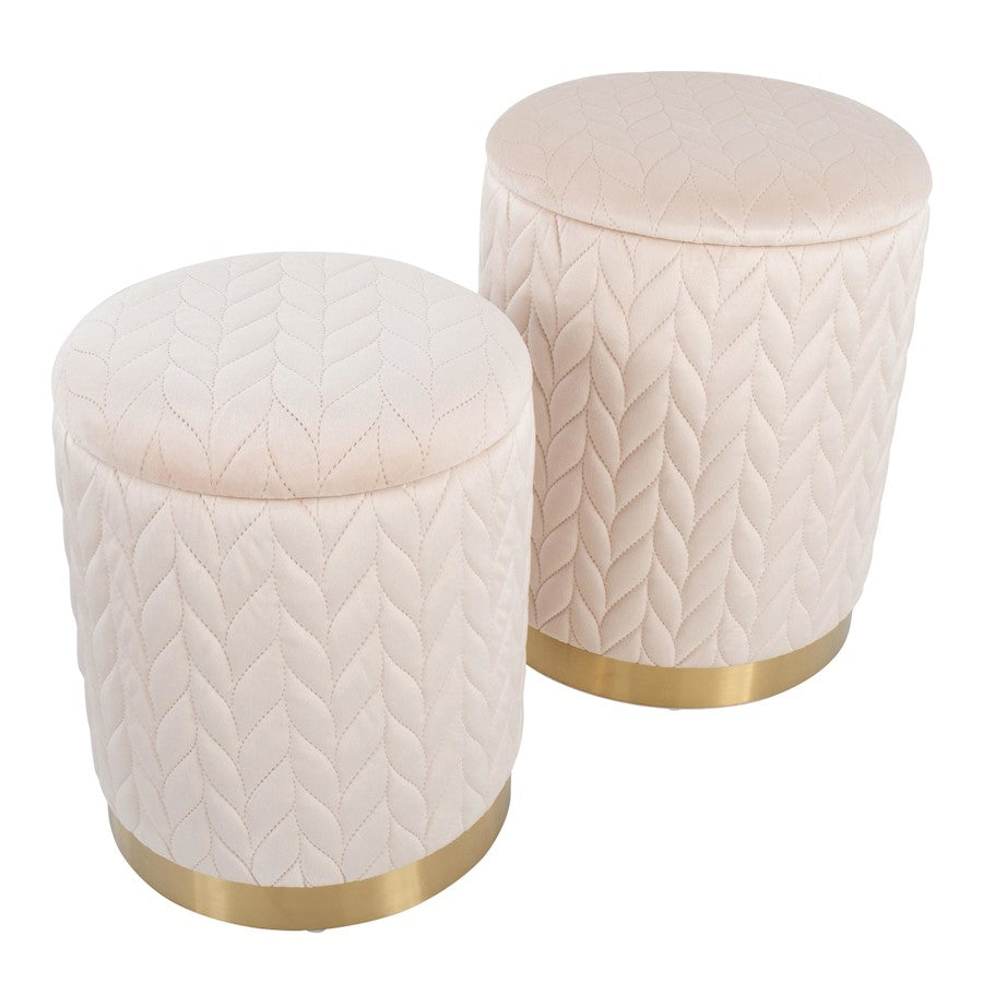 LumiSource Marla Quilted Ottoman Set | Gold Metal and Cream Velvet | Living Room & Bedroom Accent Seating | Model OT2-MARLAQLTAUVCR