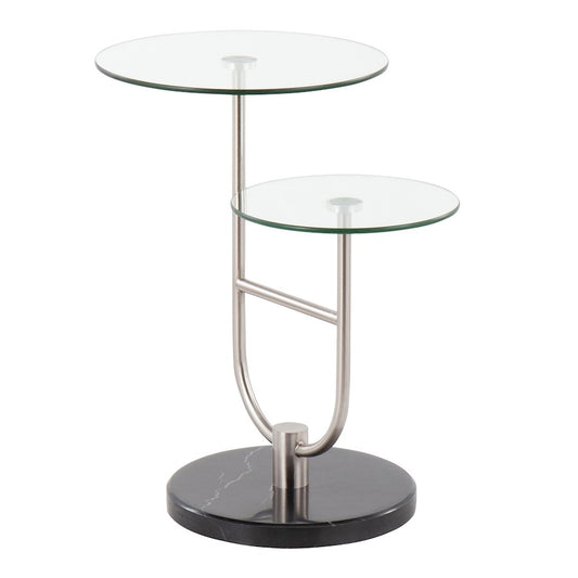 LumiSource Trombone Side Table | Glam Black Marble, Nickel & Clear Glass | Living Room & Bedroom Accent | 23 x 16 x 24 in | Model TB-TROMBONEBKMBNIGL