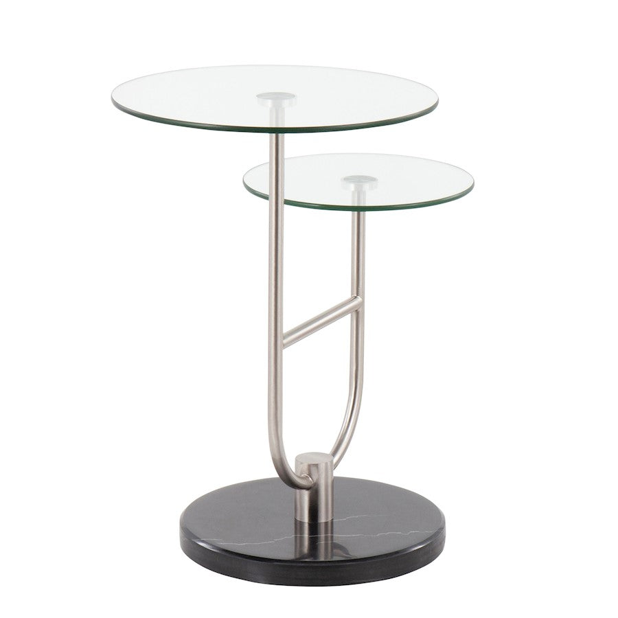 LumiSource Trombone Side Table | Glam Black Marble, Nickel & Clear Glass | Living Room & Bedroom Accent | 23 x 16 x 24 in | Model TB-TROMBONEBKMBNIGL