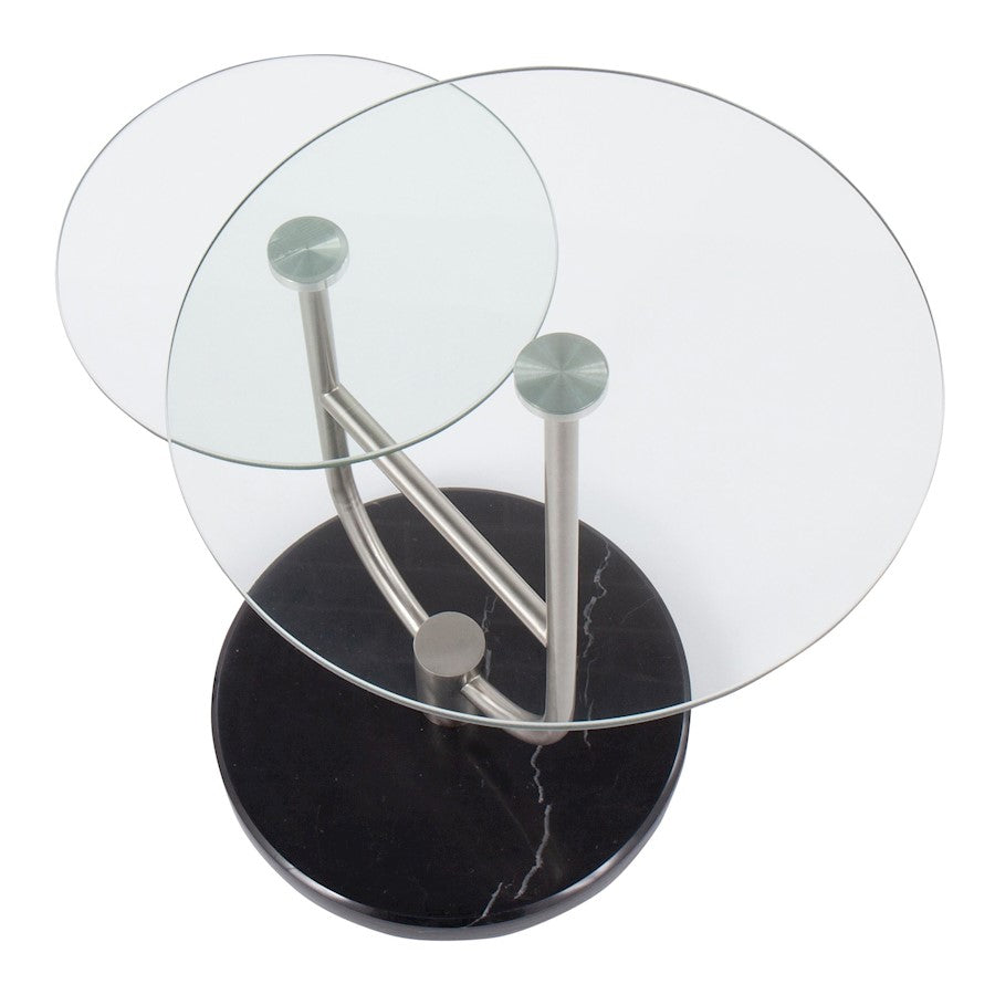 LumiSource Trombone Side Table | Glam Black Marble, Nickel & Clear Glass | Living Room & Bedroom Accent | 23 x 16 x 24 in | Model TB-TROMBONEBKMBNIGL