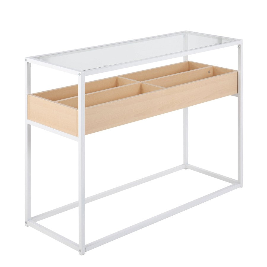 LumiSource Display Console Table | White Steel, Natural Wood, Clear Glass | Living Room & Entryway Storage | Model TBC-DISPLAYWNA