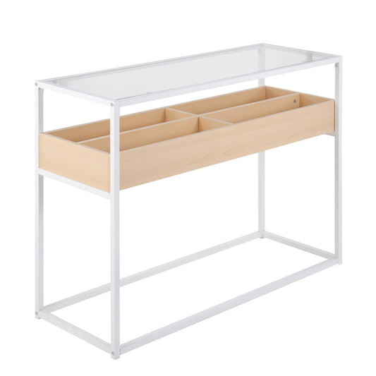 LumiSource Display Console Table | White Steel, Natural Wood, Clear Glass | Living Room & Entryway Storage | Model TBC-DISPLAYWNA