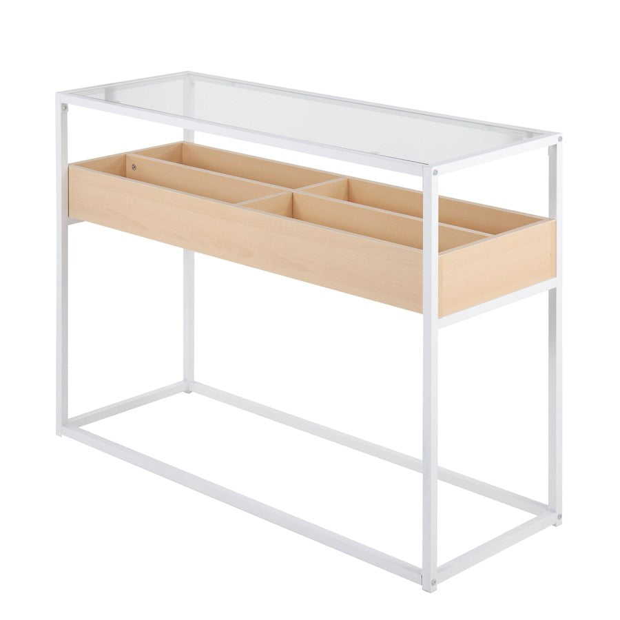 LumiSource Display Console Table | White Steel, Natural Wood, Clear Glass | Living Room & Entryway Storage | Model TBC-DISPLAYWNA