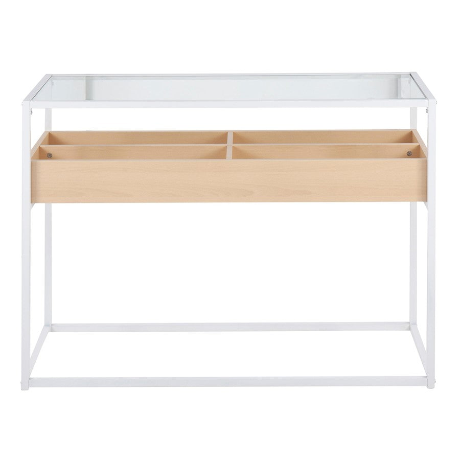 LumiSource Display Console Table | White Steel, Natural Wood, Clear Glass | Living Room & Entryway Storage | Model TBC-DISPLAYWNA