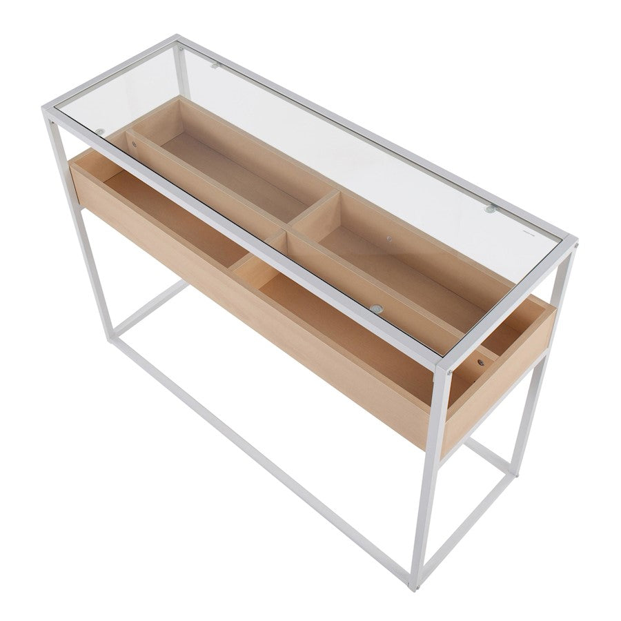 LumiSource Display Console Table | White Steel, Natural Wood, Clear Glass | Living Room & Entryway Storage | Model TBC-DISPLAYWNA