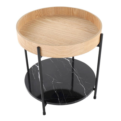 LumiSource Daniella 18in Round Accent Table | Black Metal, Natural Wood & Black Marble | Living Room & Bedroom Side Table | Model TE-DNLABKNABK