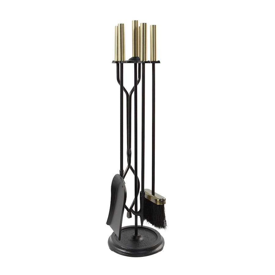 ACHLA Neoclassic Fireplace Tool Set | Antique Brass and Black Cast Iron | Living Room & Hearthside Fireplace Accessory | 8 x 8 x 30 in | Model ABK-03