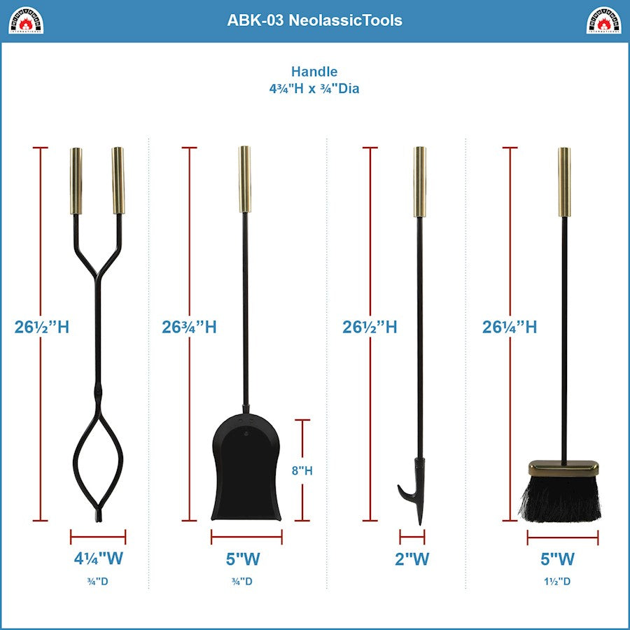 ACHLA Neoclassic Fireplace Tool Set | Antique Brass and Black Cast Iron | Living Room & Hearthside Fireplace Accessory | 8 x 8 x 30 in | Model ABK-03