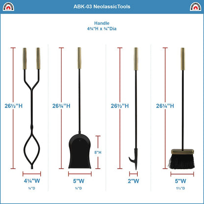 ACHLA Neoclassic Fireplace Tool Set | Antique Brass and Black Cast Iron | Living Room & Hearthside Fireplace Accessory | 8 x 8 x 30 in | Model ABK-03