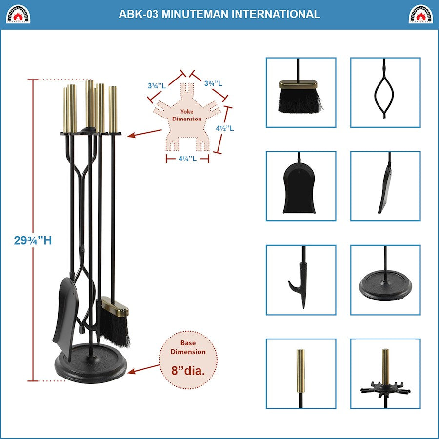 ACHLA Neoclassic Fireplace Tool Set | Antique Brass and Black Cast Iron | Living Room & Hearthside Fireplace Accessory | 8 x 8 x 30 in | Model ABK-03