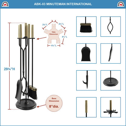ACHLA Neoclassic Fireplace Tool Set | Antique Brass and Black Cast Iron | Living Room & Hearthside Fireplace Accessory | 8 x 8 x 30 in | Model ABK-03