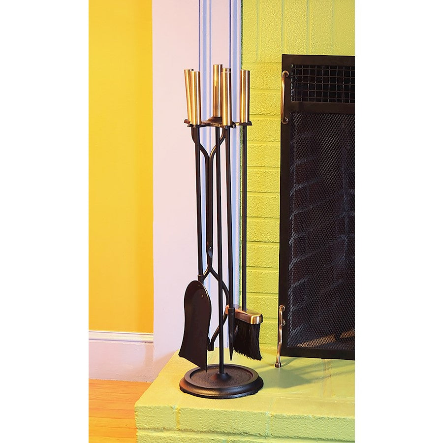 ACHLA Neoclassic Fireplace Tool Set | Antique Brass and Black Cast Iron | Living Room & Hearthside Fireplace Accessory | 8 x 8 x 30 in | Model ABK-03