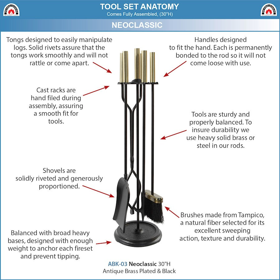 ACHLA Neoclassic Fireplace Tool Set | Antique Brass and Black Cast Iron | Living Room & Hearthside Fireplace Accessory | 8 x 8 x 30 in | Model ABK-03
