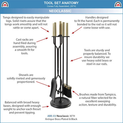 ACHLA Neoclassic Fireplace Tool Set | Antique Brass and Black Cast Iron | Living Room & Hearthside Fireplace Accessory | 8 x 8 x 30 in | Model ABK-03