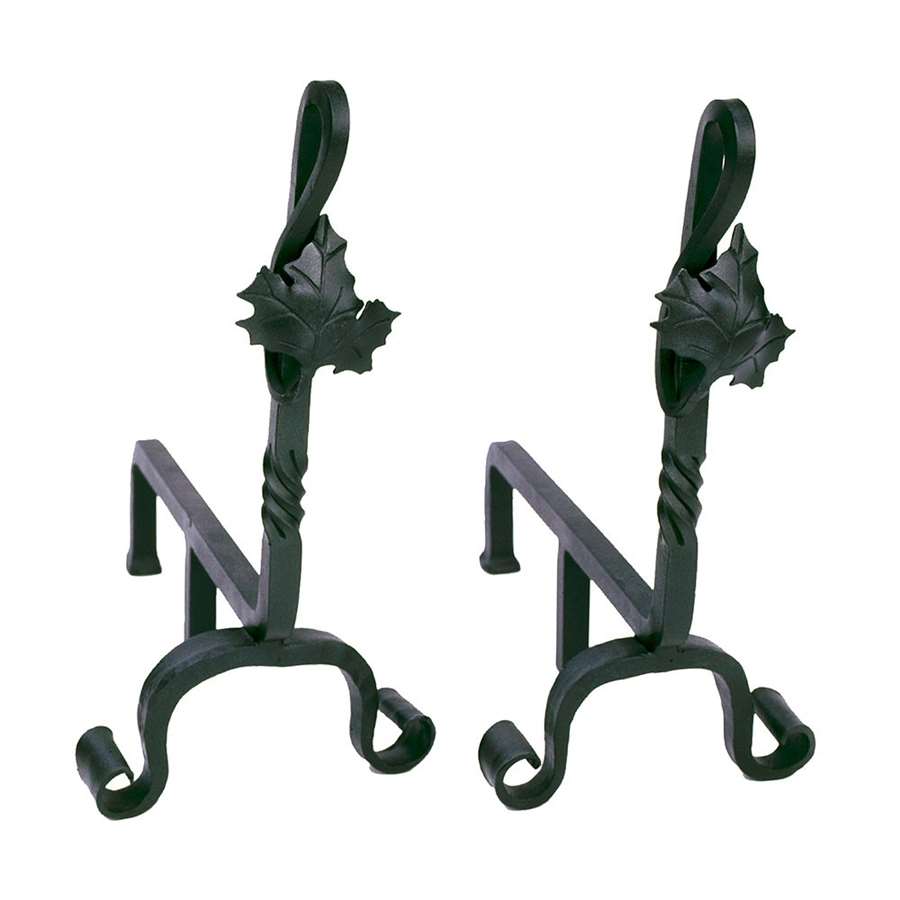 Minuteman International Maple Leaf Andirons | Wrought Iron Black Powder Coated | Fireplace Hearth & Indoor-Outdoor Log Platform | Model AND-04
