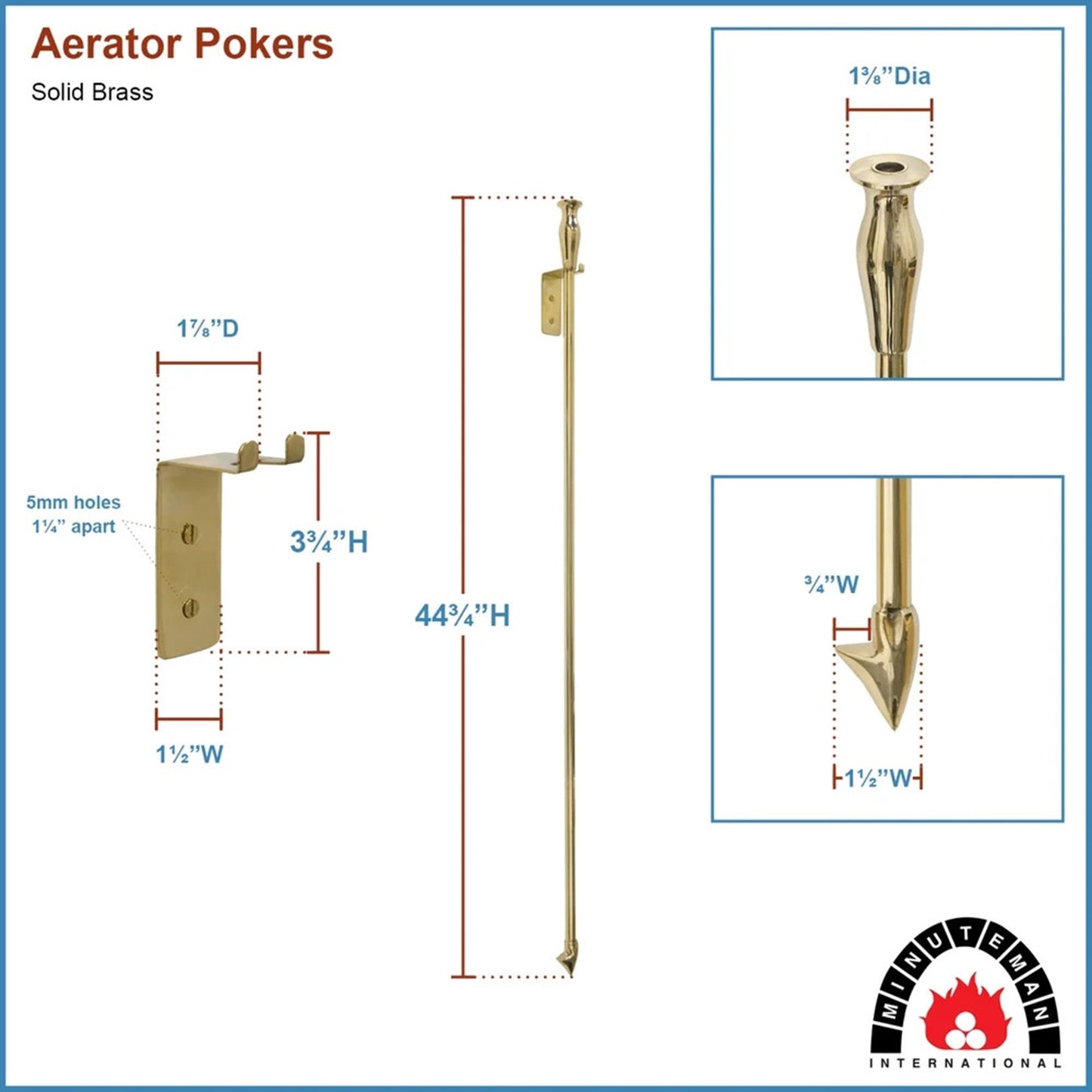 Minuteman International 47in Brass Poker & Blow Poke | Traditional Solid Brass Fireplace Tool | Living Room & Hearthside Accessory | Model BP-03