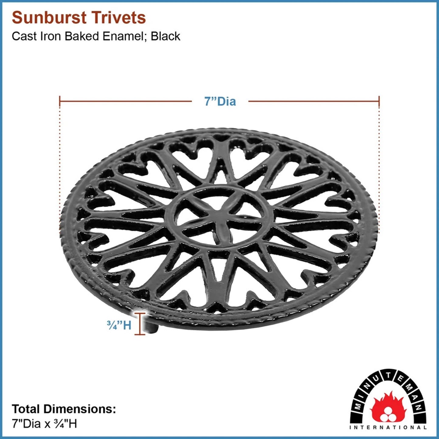 Minuteman International 7in Sunburst Cast Iron Trivet | Black Porcelain Enamel | Kitchen & Dining Room Heat Protection | 7 x 0.5 x 7 in | Model C-33BK