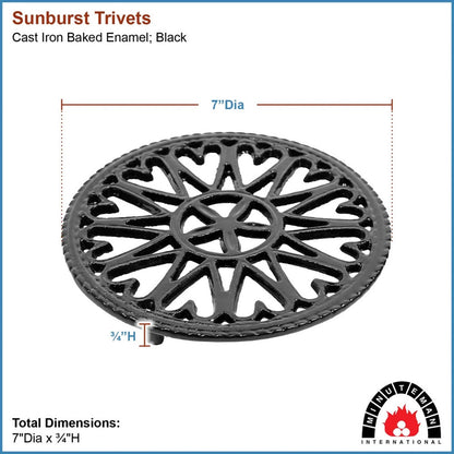 Minuteman International 7in Sunburst Cast Iron Trivet | Black Porcelain Enamel | Kitchen & Dining Room Heat Protection | 7 x 0.5 x 7 in | Model C-33BK