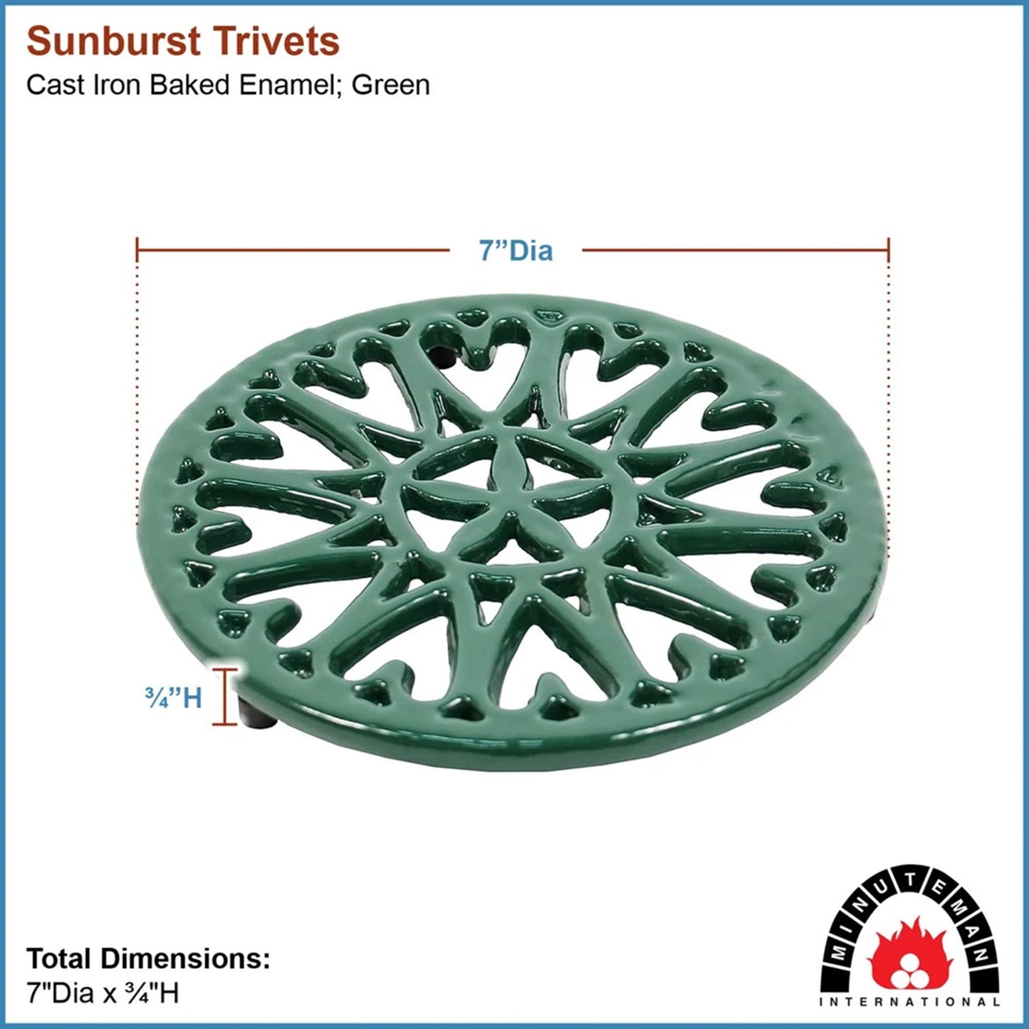Minuteman International 7in Sunburst Cast Iron Trivet | Green Porcelain Enamel | Kitchen Counter & Stovetop Heat Protection | Model C-33GR