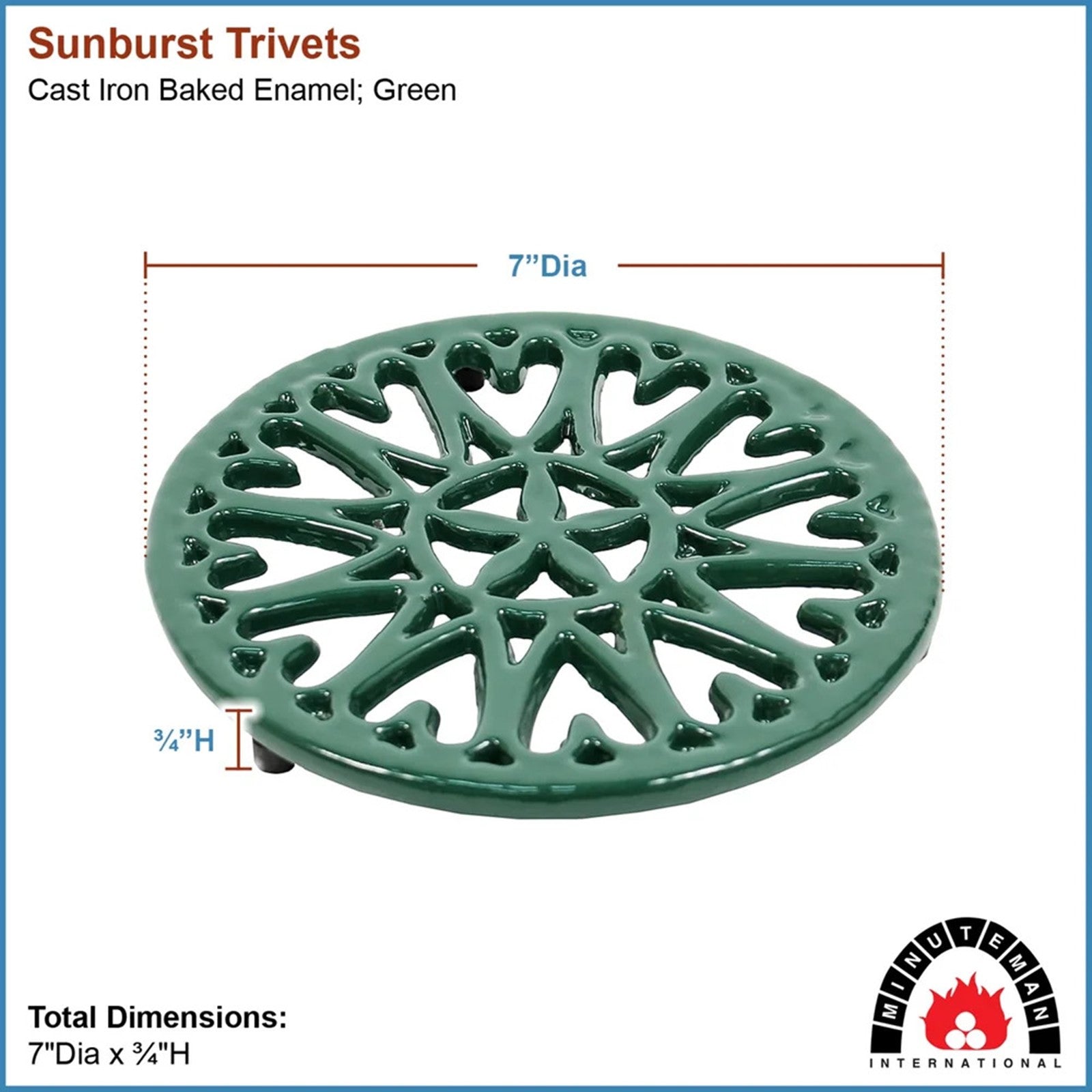 Minuteman International 7in Sunburst Cast Iron Trivet | Green Porcelain Enamel | Kitchen Counter & Stovetop Heat Protection | Model C-33GR