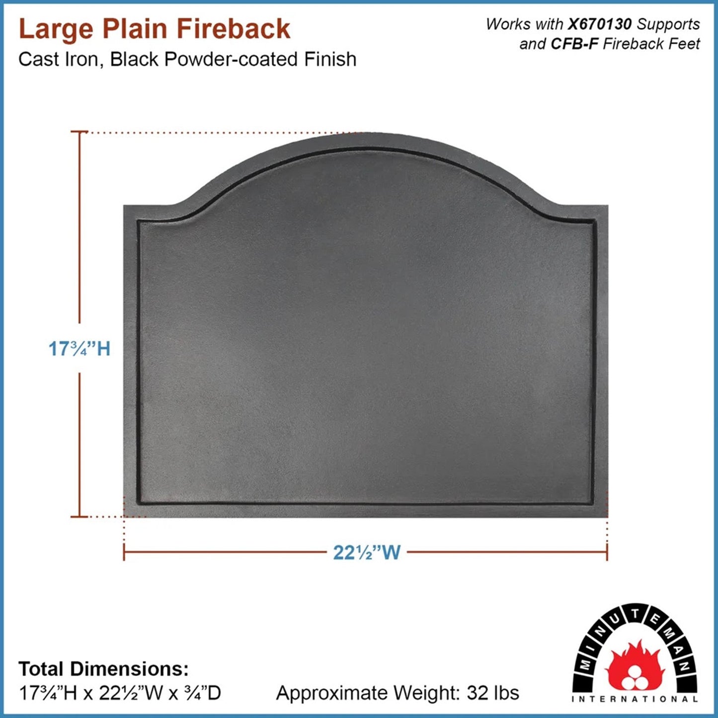 Minuteman International Large Plain Design Fire Back | Cast Iron Matte Black | Fireplace Heat Reflector & Decor | Model CFB-09