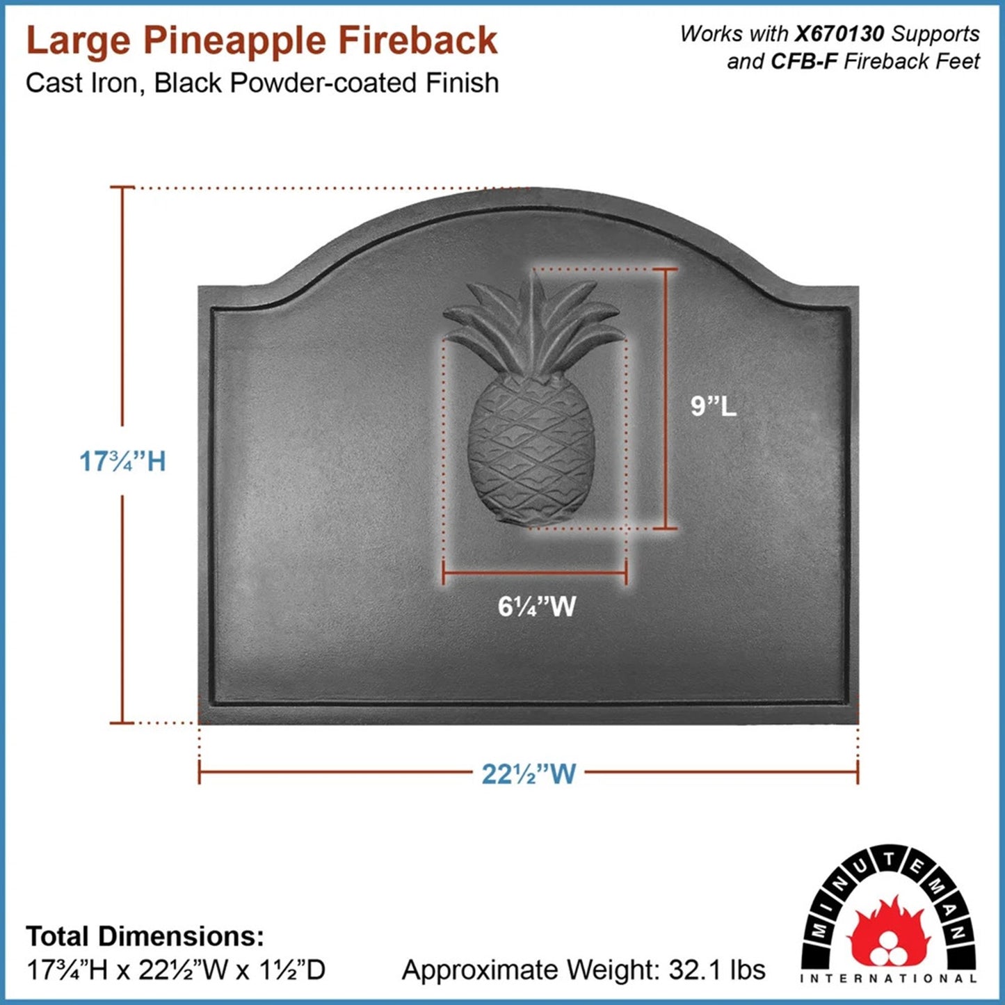 Minuteman International Large Pineapple Fireback | Cast Iron Matte Black | Fireplace Heat Reflector & Decor | 22.5 x 0.25 x 17.75 in | Model CFB-11