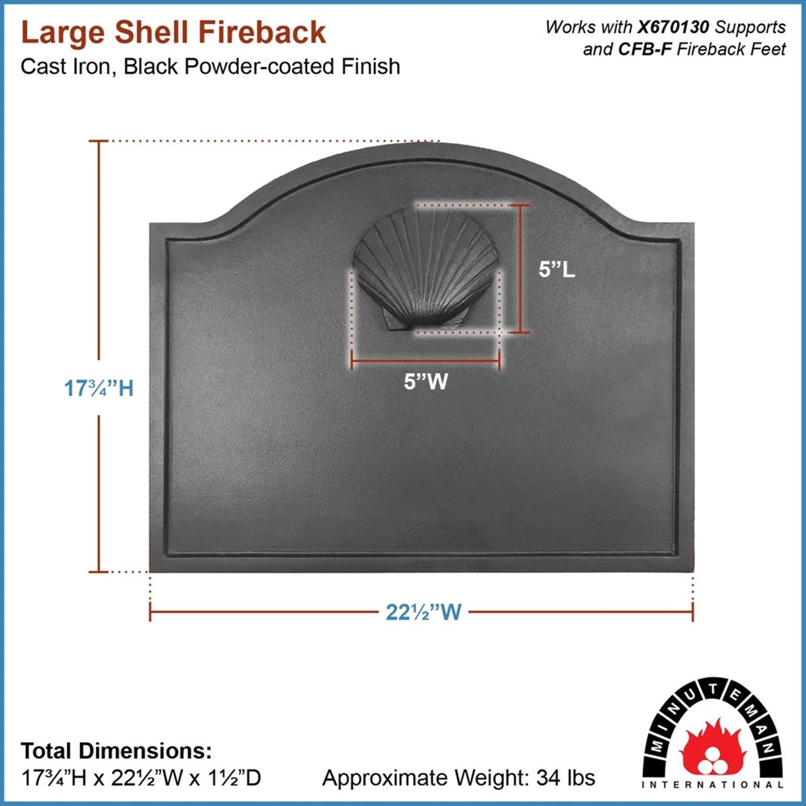 Minuteman International Large Shell Fire Back | Cast Iron Flat Black | Fireplace Heat Reflector & Decor | 22.5 x 0.25 x 17.75 in | Model CFB-13