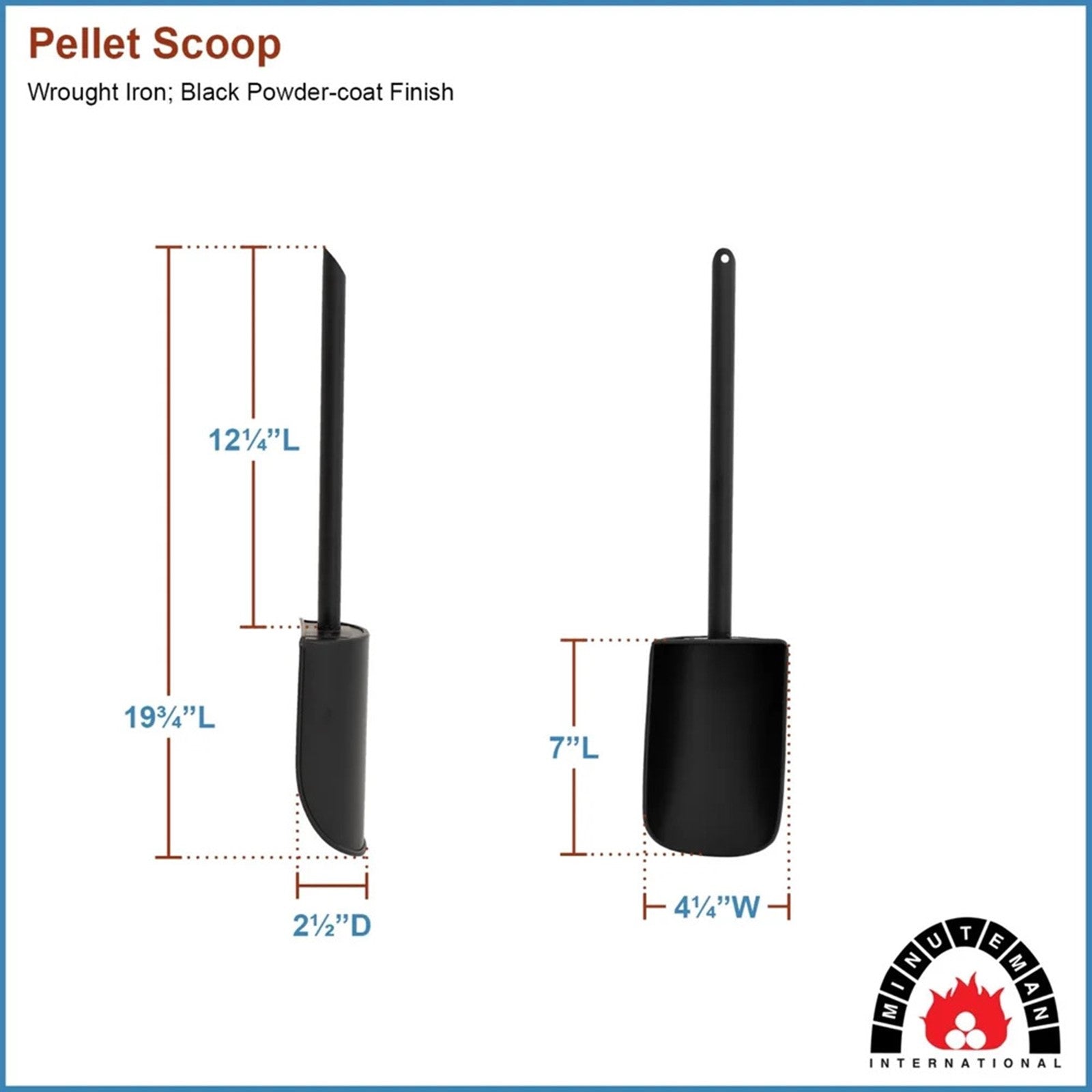Minuteman International Coal/Pellet Scoop | Black Powder-Coated Iron | Fireplace & Stove Ash Removal | 4 x 4 x 20 in | Model CS-02