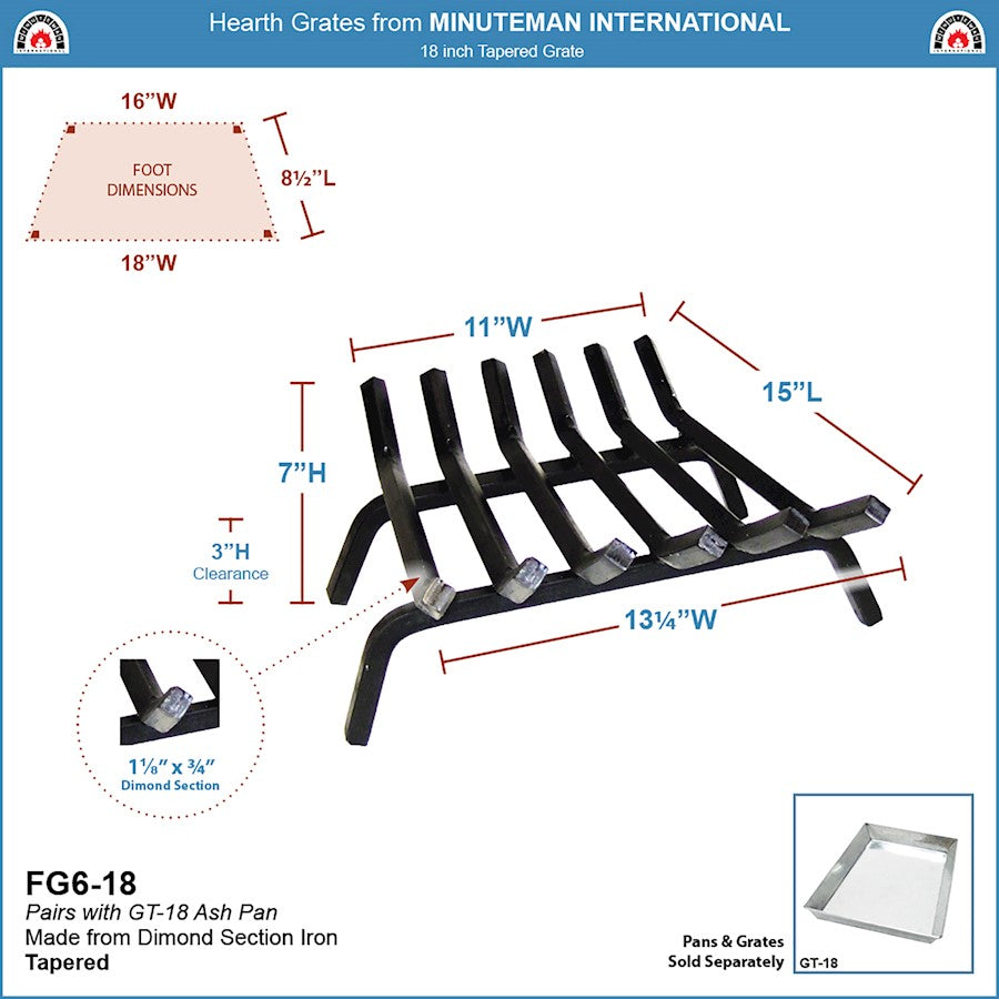 ACHLA Minuteman 18in Tapered Fireplace Grate | Wrought Iron Hearth Log Holder | Living Room & Fireplace | 27 x 2 x 10 in | Model FG6-18