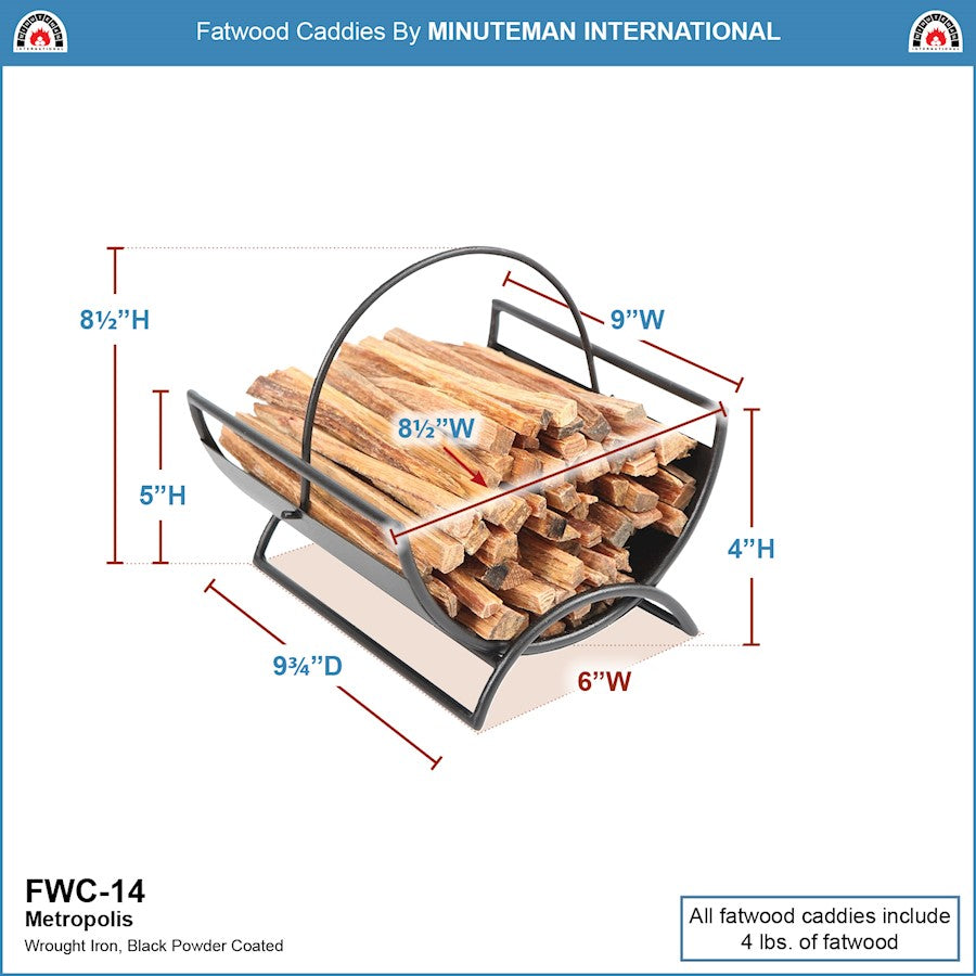 ACHLA Metropolis Fatwood Caddy | Wrought Iron Black Powder Coat | Fireplace & Hearth Accessory | 10 x 8 x 8 in | Model FWC-14