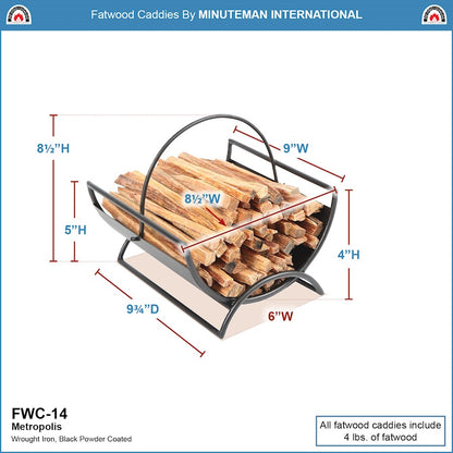 ACHLA Metropolis Fatwood Caddy | Wrought Iron Black Powder Coat | Fireplace & Hearth Accessory | 10 x 8 x 8 in | Model FWC-14