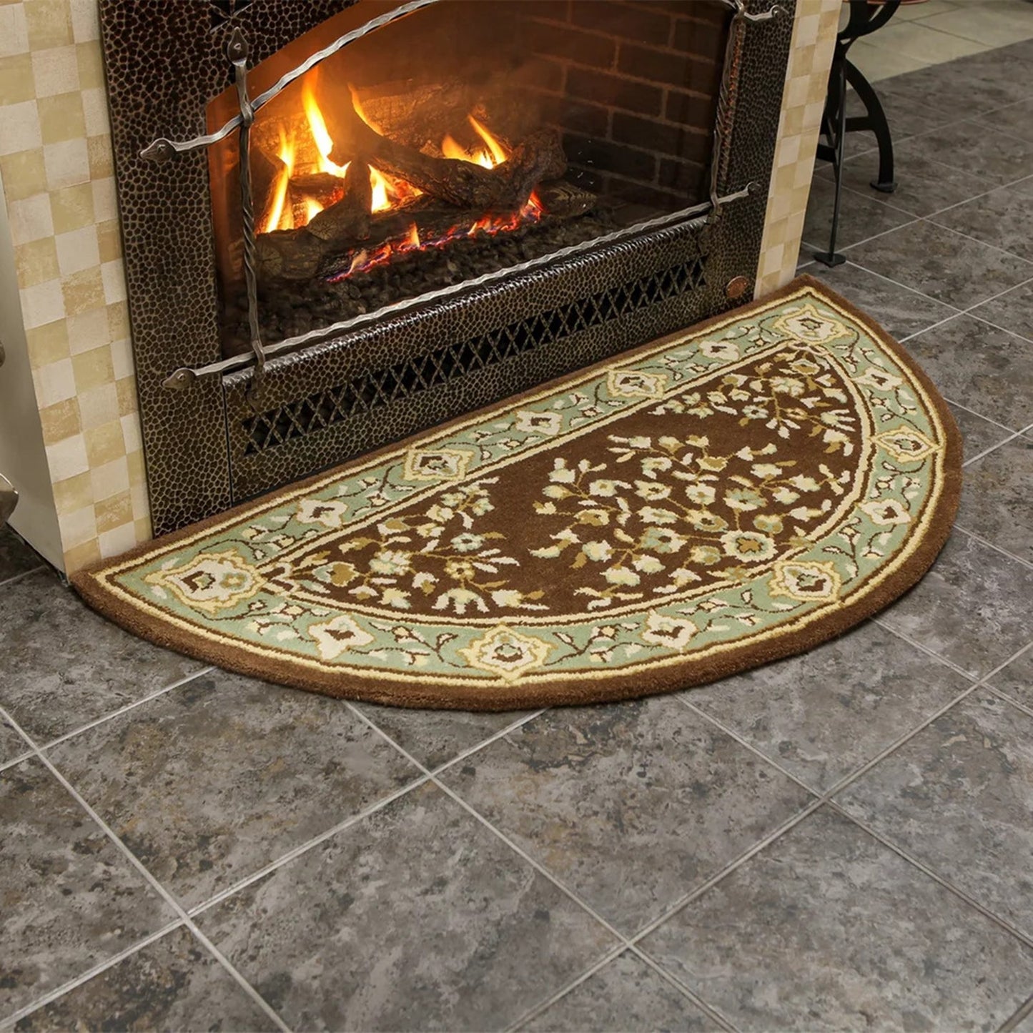 Minuteman International Oriental 56x26in Half Round Hearth Rug | Traditional Persian Wool Coffee | Fireplace & Entryway Floor Protection | Model H-39