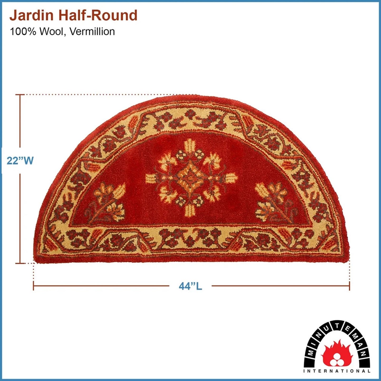 Minuteman International Jardin 44in Half Round Rug | Vermillion 100% Virgin Wool Hearth Rug | Fireplace & Entryway Floor Protection | Model H-603