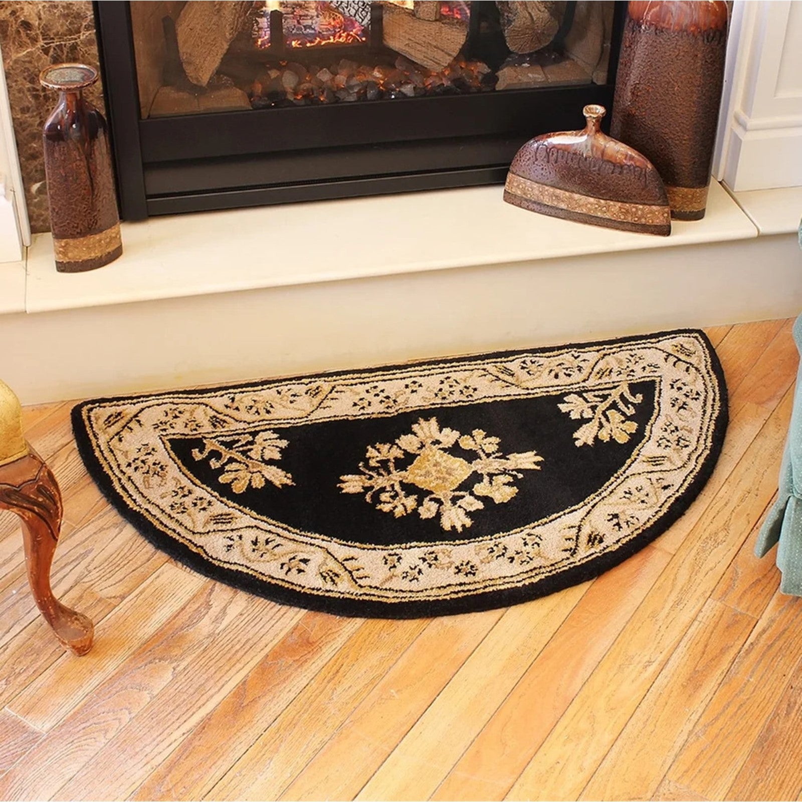 Minuteman International Jardin 44 x 22 in Half Round Rug | Noir Wool Hearth & Entryway Mat | Fireplace & Door Mat | 44 x 22 x 0.5 in | Model H-605