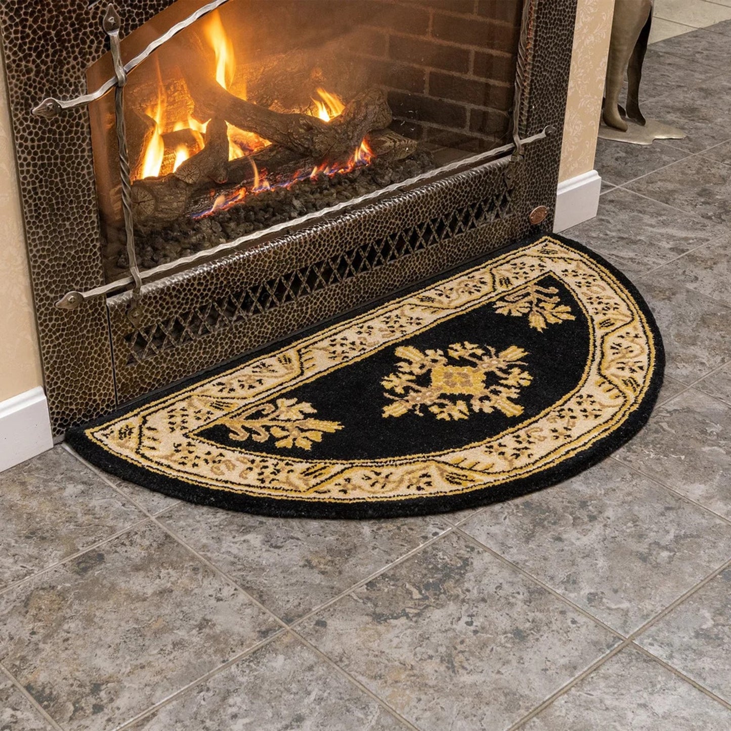 Minuteman International Jardin 44 x 22 in Half Round Rug | Noir Wool Hearth & Entryway Mat | Fireplace & Door Mat | 44 x 22 x 0.5 in | Model H-605