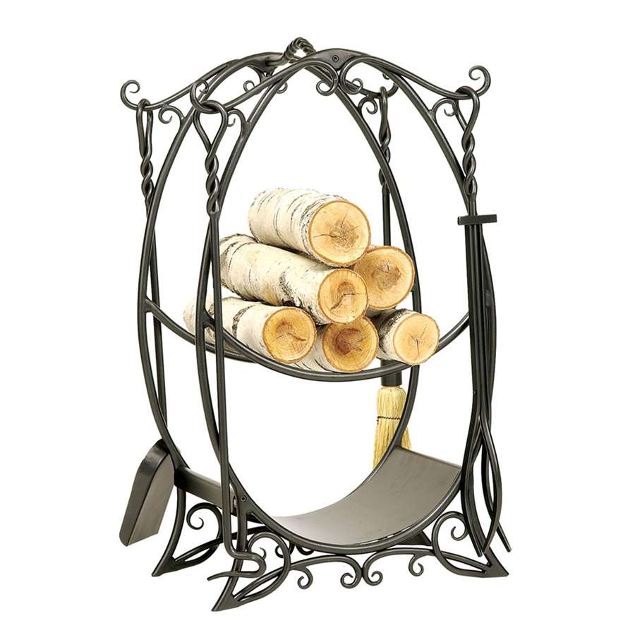 Minuteman International Cottage Wood Holder W/ Tools | Rustic Wrought Iron Graphite Powder Coated | Fireplace Log Rack & Kindling | Model LCR-10