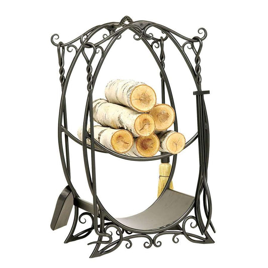Minuteman International Cottage Wood Holder W/ Tools | Rustic Wrought Iron Graphite Powder Coated | Fireplace Log Rack & Kindling | Model LCR-10