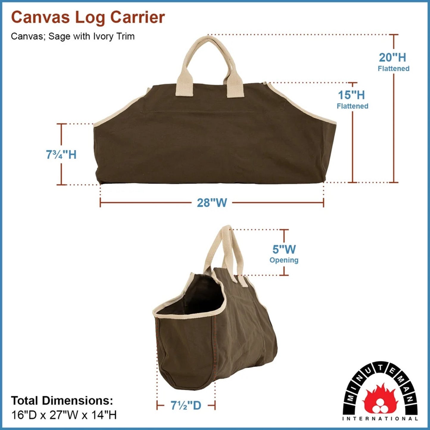 Minuteman International Canvas Log Carrier | Sage with Ivory Trim | Fireplace & Hearth Wood Transport | 35 x 21 in | Model LCR-26