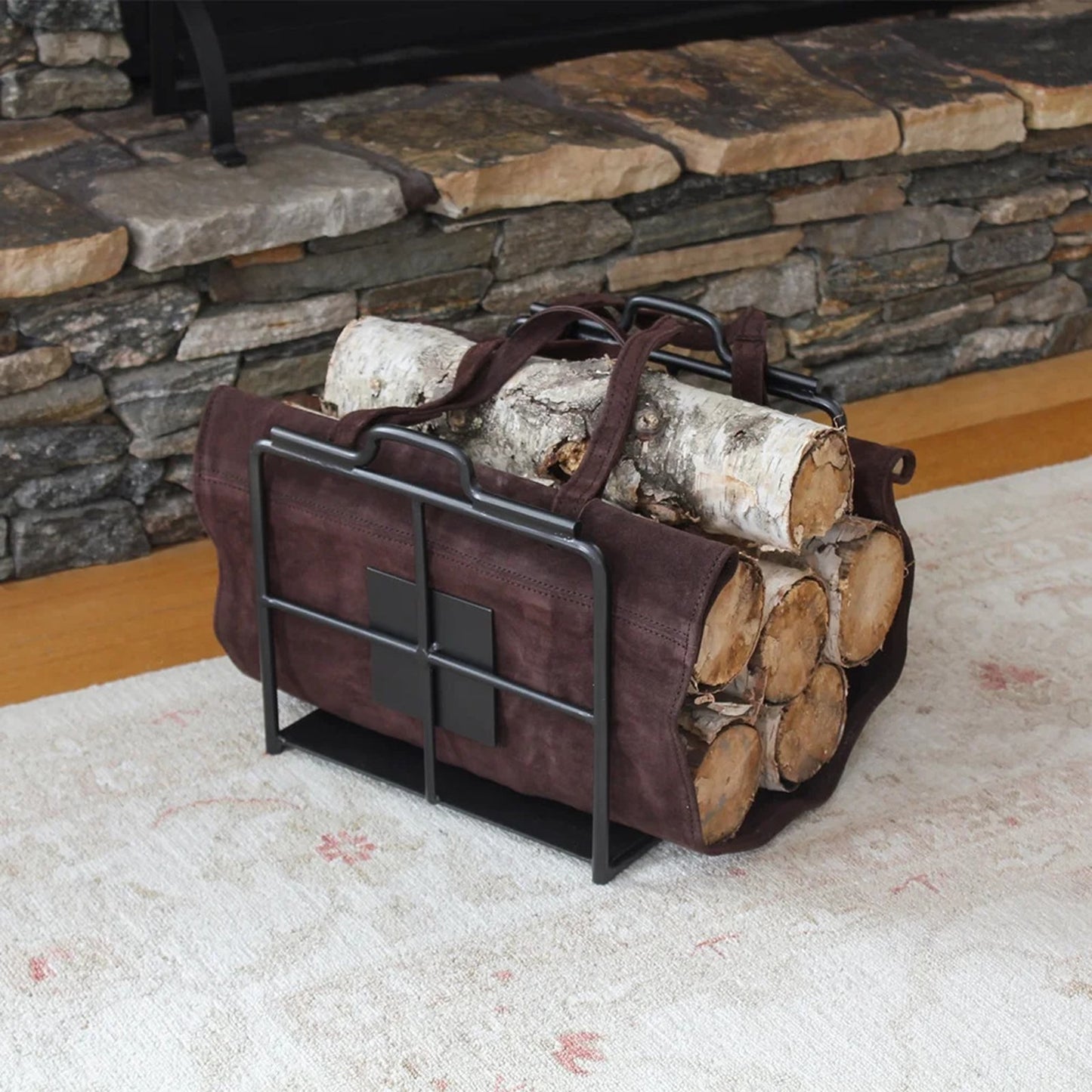 Minuteman International Wright Design Log Basket | Graphite Wrought Iron Wood Holder with Suede Carrier | Living Room & Hearthside | Model LCW-16C