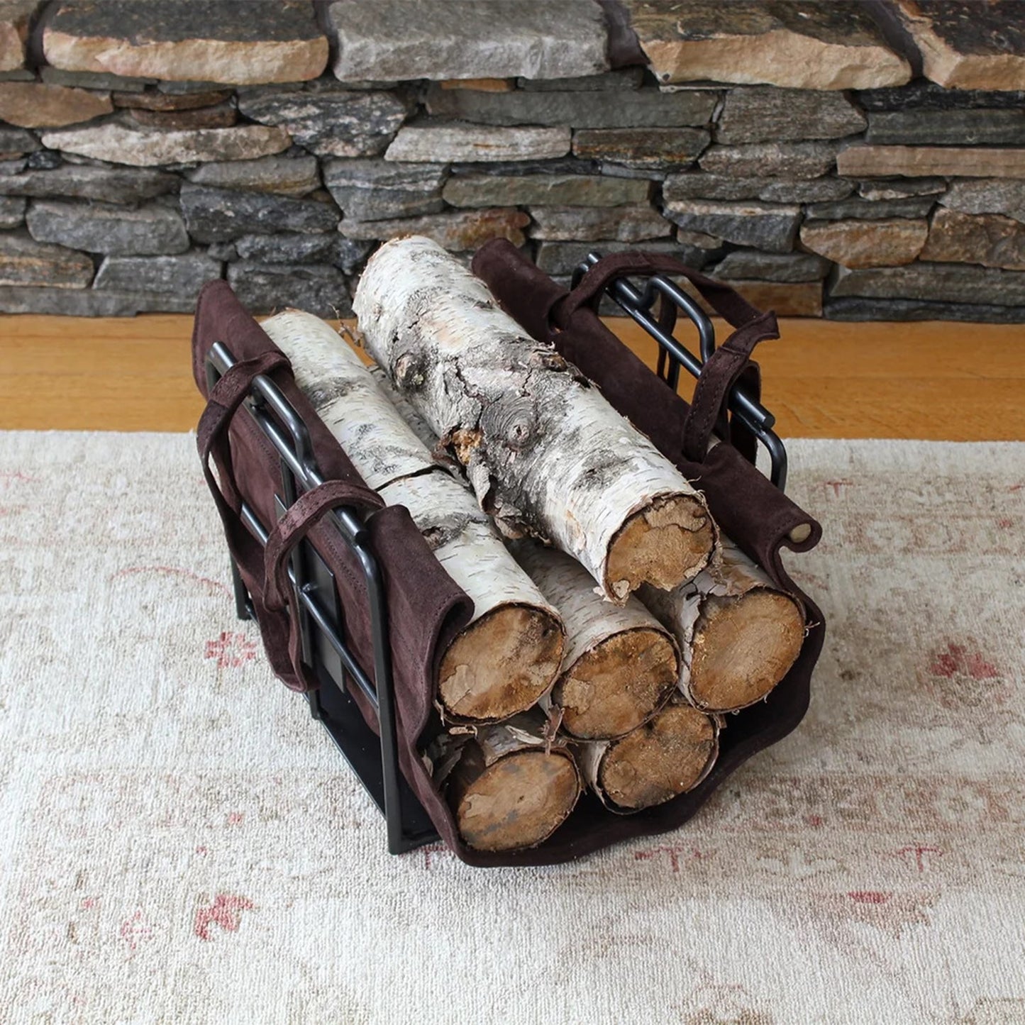 Minuteman International Wright Design Log Basket | Graphite Wrought Iron Wood Holder with Suede Carrier | Living Room & Hearthside | Model LCW-16C