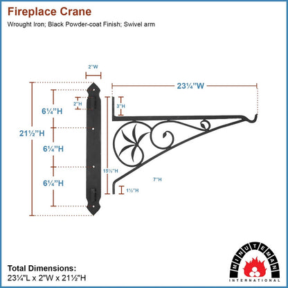 Minuteman International MC-24 24in Swivel Arm Fireplace Crane | Wrought Iron Black Powder Coated | Hearth Cooking & Kettle Hanger | Model MC-24