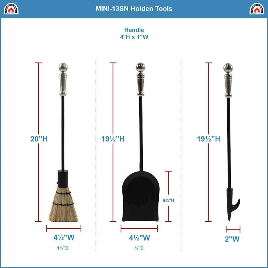 ACHLA Minuteman Holden Mini Fireplace Tool Set | Traditional Cast Iron with Satin Nickel Accents | Wood & Pellet Stove Tending | Model MINI-13SN